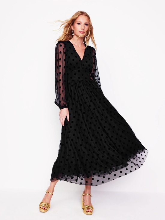 Boden Dresses & Skirts - Boden Black Polka Dot Spot Holiday Party Sleeve Christina Tulle Midi Dress 16 18